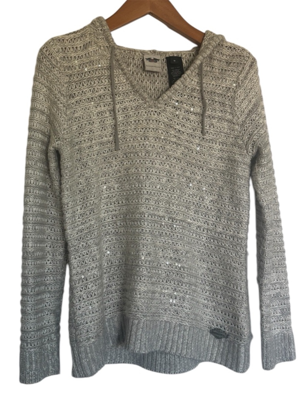 Harley Davidson Light Gray Hooded Knit Sweater with Subtle Shine